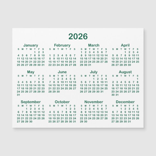 Minimalist Hunter Green 2026 Magnetic Calendar (Front)