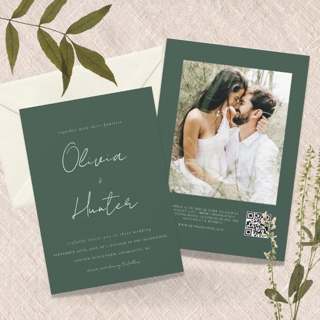Minimalist Hunter Green QR Code Photo Wedding Invitation (Creator Uploaded)