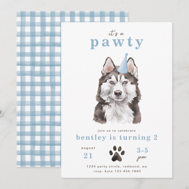 Minimalist Husky Dog Invitation | Pawty (Front/Back)
