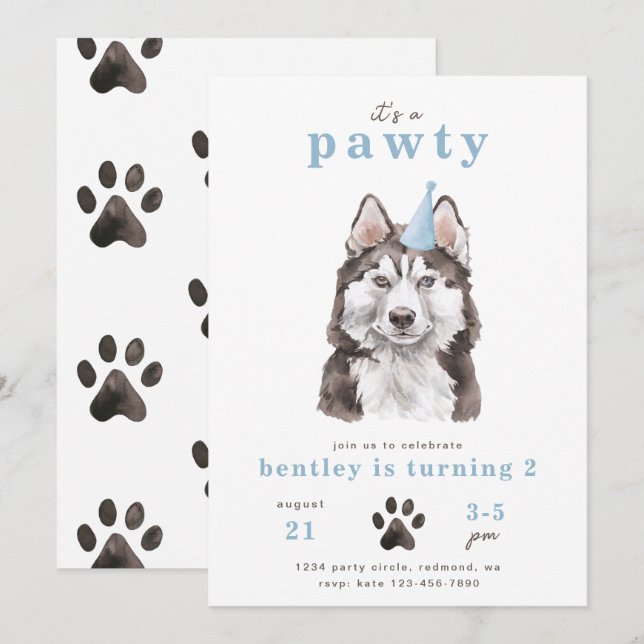 Minimalist Husky Dog Invitation | Pawty (Front/Back)