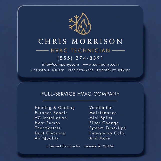 Minimalist HVAC Navy Blue Gold Modern Business Card (Creator Uploaded)