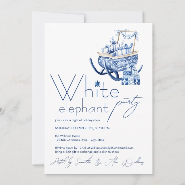 Minimalist Hygge Blue Christmas White Elephant Invitation (Front)