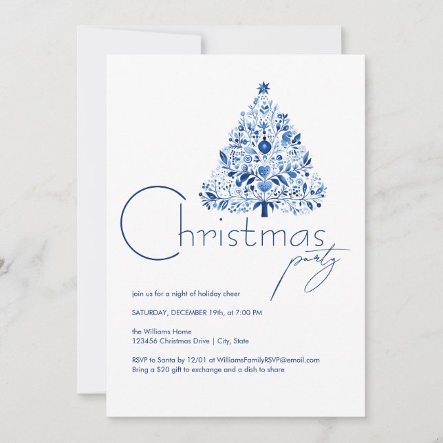 Minimalist Hygge White and Blue Christmas Party Invitation (Front)