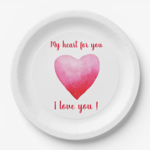 Minimalist I love you red watercolor heart     Paper Plate