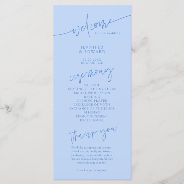 Minimalist Icy Blue Wedding Ceremony Program Programme (Front)