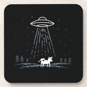 Minimalist Illustration of a UFO abducting a cow Coaster