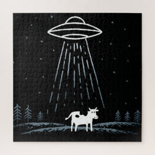 Minimalist Illustration of a UFO abducting a cow Jigsaw Puzzle