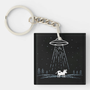 Minimalist Illustration of a UFO abducting a cow Key Ring