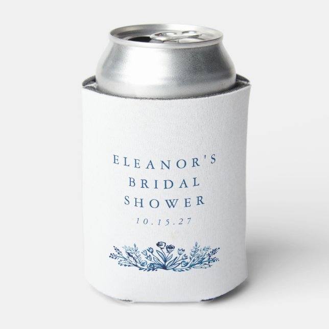Minimalist Indigo Blue Ink Botanical Bridal Shower Can Cooler (Can Front)