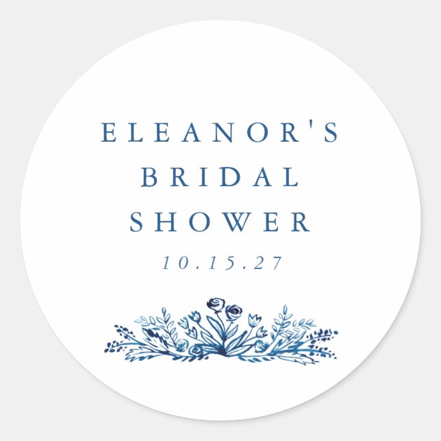 Minimalist Indigo Blue Ink Botanical Bridal Shower Classic Round Sticker (Front)