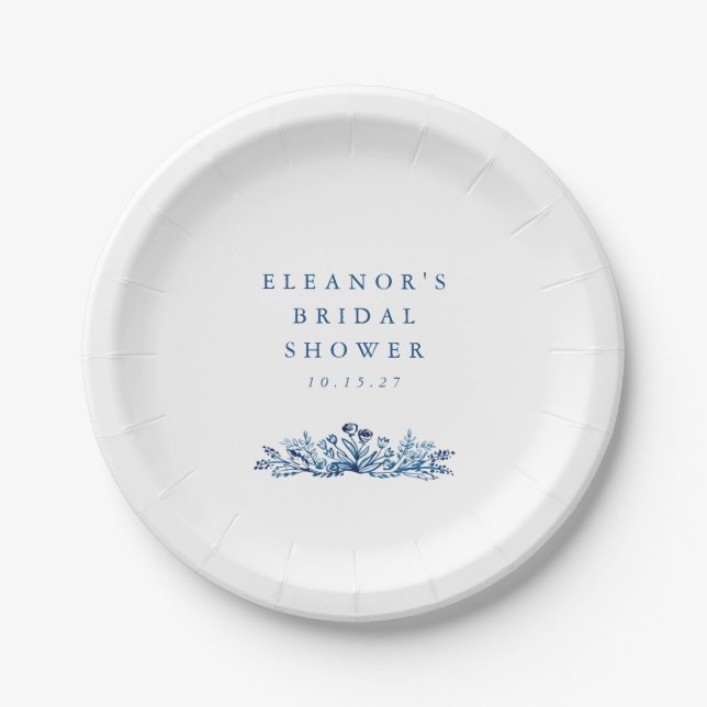 Minimalist Indigo Blue Ink Botanical Bridal Shower Paper Plate (Front)