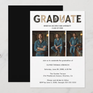 Minimalist Industrial Textured B&W Grad 3-Photo Invitation