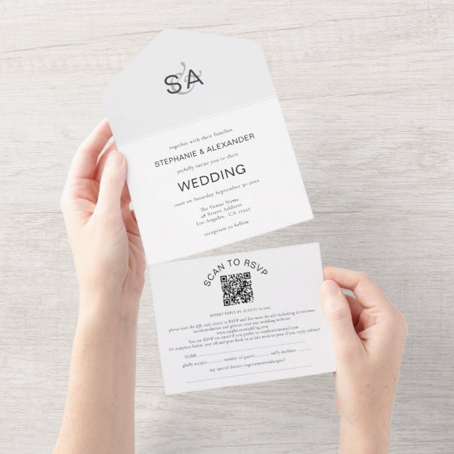 Minimalist Initials QR Code Black White Wedding All In One Invitation (Tearaway)