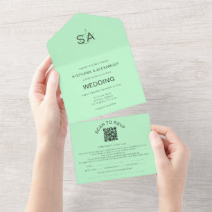 Minimalist Initials QR Code Mint Green Wedding All In One Invitation