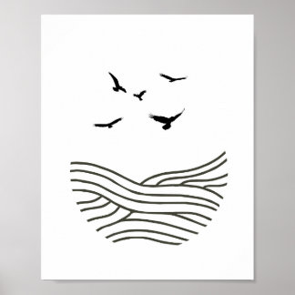 Minimalist Ink Birds Sea AbstractArt in Black Poster