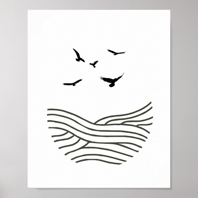 Minimalist Ink Birds Sea AbstractArt in Black Poster (Front)
