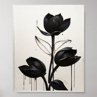 Minimalist Ink Flower Abstract Floral Art in Black Poster