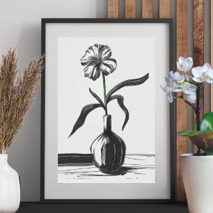 Minimalist Ink Flower Drawing In Black Poster