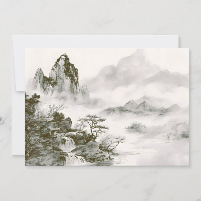 Minimalist Ink Misty Zen Mountain Landscape Announcement (Front)