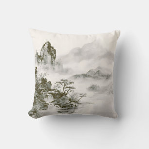 Minimalist Ink Misty Zen Mountain Landscape Cushion