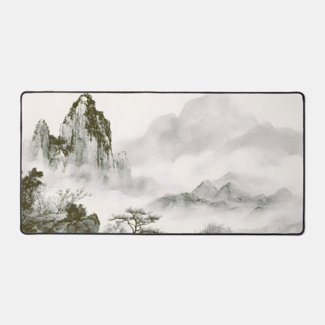 Minimalist Ink Misty Zen Mountain Landscape Desk Mat (Front)