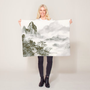 Minimalist Ink Misty Zen Mountain Landscape Fleece Blanket
