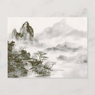 Minimalist Ink Misty Zen Mountain Landscape Holiday Postcard