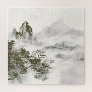Minimalist Ink Misty Zen Mountain Landscape Jigsaw Puzzle