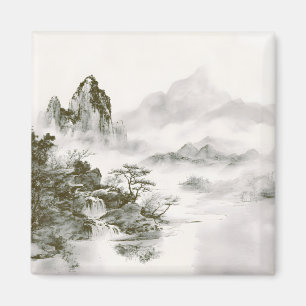 Minimalist Ink Misty Zen Mountain Landscape Magnet