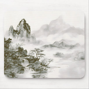 Minimalist Ink Misty Zen Mountain Landscape Mouse Mat