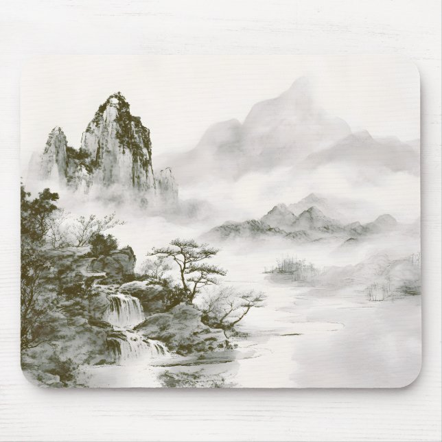 Minimalist Ink Misty Zen Mountain Landscape Mouse Mat (Front)