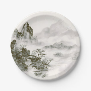 Minimalist Ink Misty Zen Mountain Landscape Paper Plate