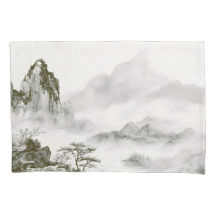 Minimalist Ink Misty Zen Mountain Landscape Pillowcase