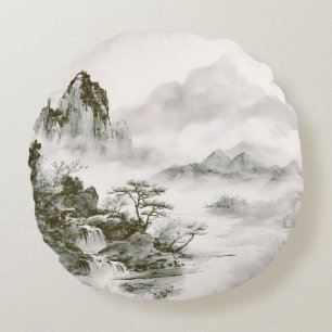 Minimalist Ink Misty Zen Mountain Landscape Round Cushion