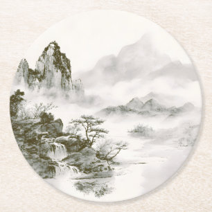Minimalist Ink Misty Zen Mountain Landscape Round Paper Coaster