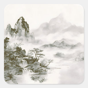 Minimalist Ink Misty Zen Mountain Landscape Square Sticker