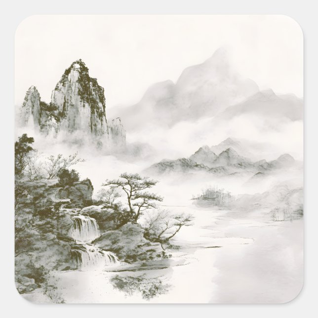 Minimalist Ink Misty Zen Mountain Landscape Square Sticker (Front)