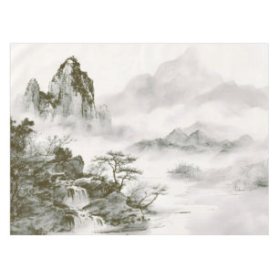 Minimalist Ink Misty Zen Mountain Landscape Tablecloth