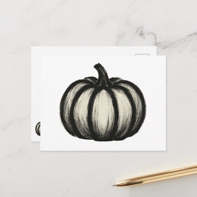 Minimalist Ink Pumpkin – Autumn Harvest Art on Holiday Postcard (Front/Back In Situ)
