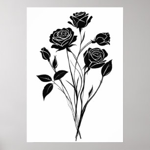 Minimalist Ink Roses Abstract Floral Art in Black Poster