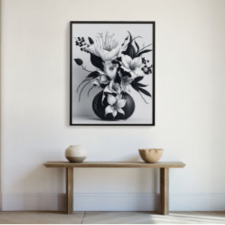 Minimalist Ink Roses Vase Stylish Drawing Modern Poster