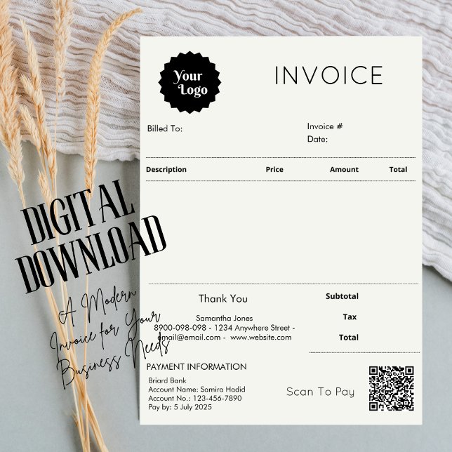 Minimalist Invoice Sales Receipt Small Business Card (client invoice service invoice form business quotation scan to pay qr code, digital download)