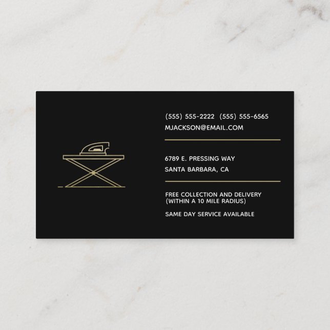 Minimalist Ironing Black Gold Professional laundry Business Card (Back)