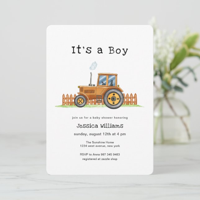 Minimalist It's A Boy Framer Tractor Baby Shower  Invitation (Standing Front)