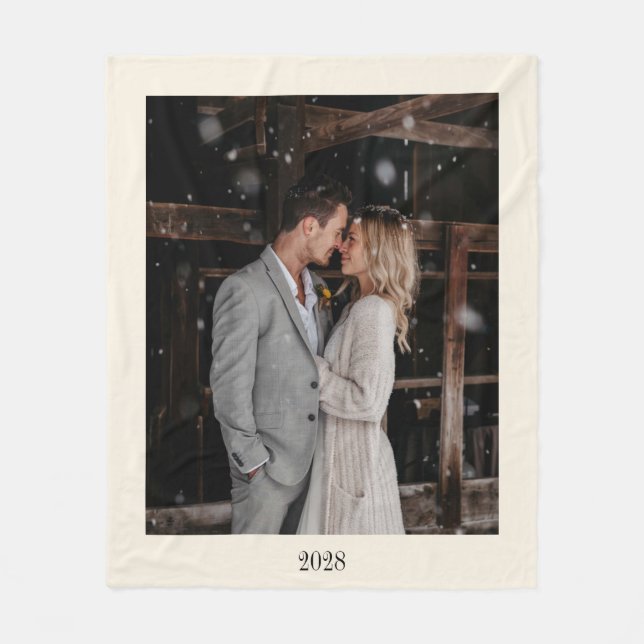 Minimalist Ivory Ecru Black Elegant Wedding Photo Fleece Blanket (Front)
