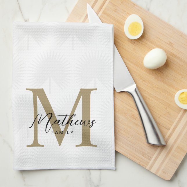 Minimalist Ivory Gold Anahaw Leaf Script Monogram Tea Towel (Quarter Fold)