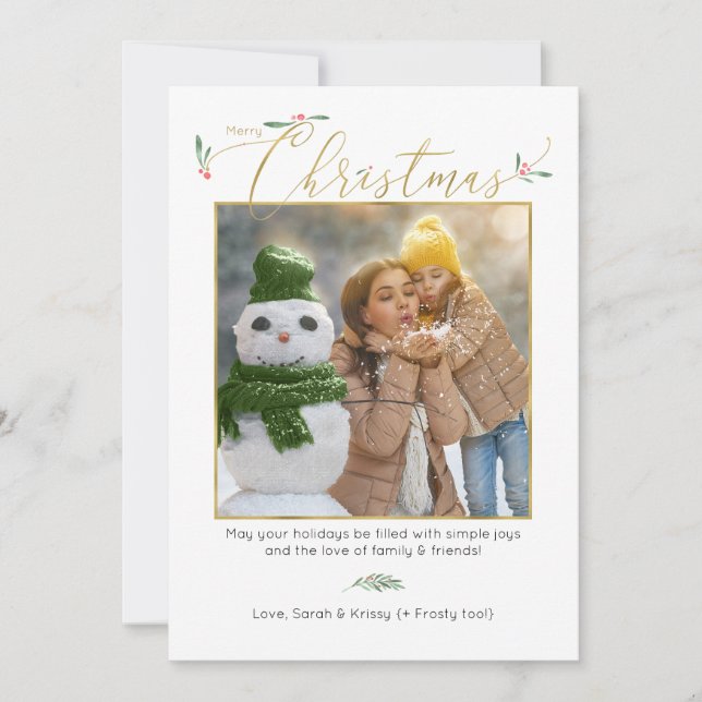 Minimalist Ivory + Gold Whimsical Family Photo Holiday Card (Front)