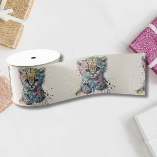 Minimalist Ivory Watercolor Leopard Pattern Grosgrain Ribbon