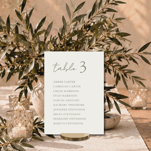 Minimalist Ivory Wedding Table Seating Chart Card (Minimalist Ivory Wedding Table Seating Chart Card with script and modern typography in sage green)