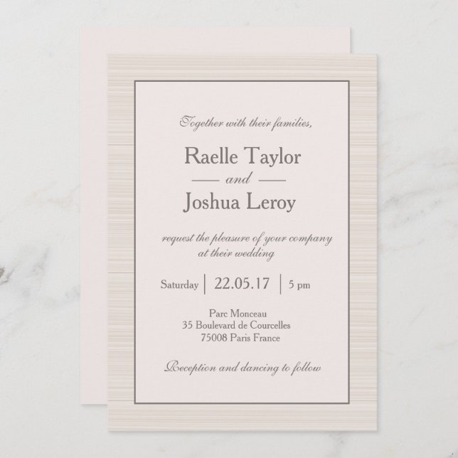 Minimalist ivory white latte grey stripes wedding invitation (Front/Back)